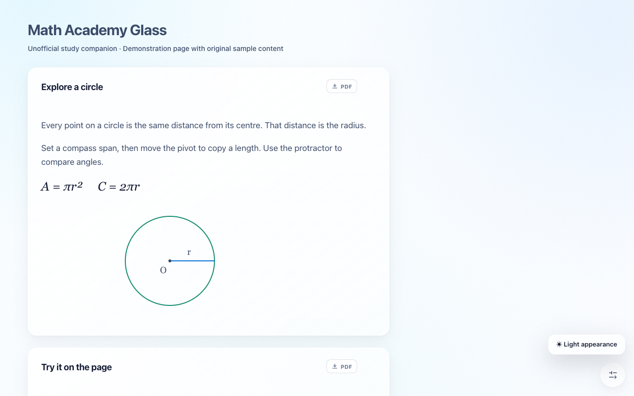 Light appearance with a readable sample lesson and circle diagram.