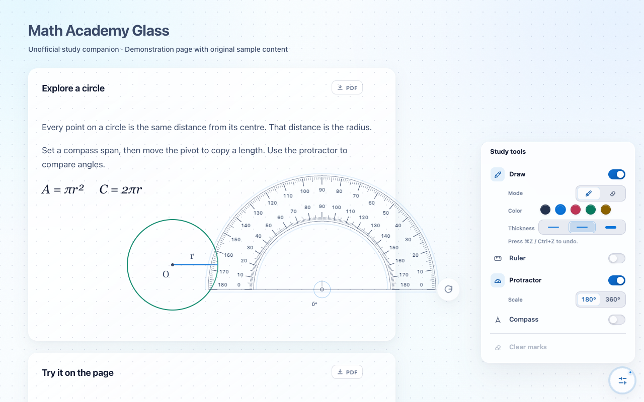 Study tools open beside a sample circle lesson, showing pen controls and a transparent protractor.